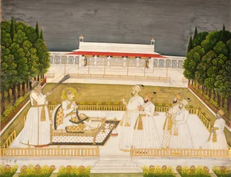 Muhammad Shah trônant sur une terrasse la nuit avec ses officiers, vers 1735